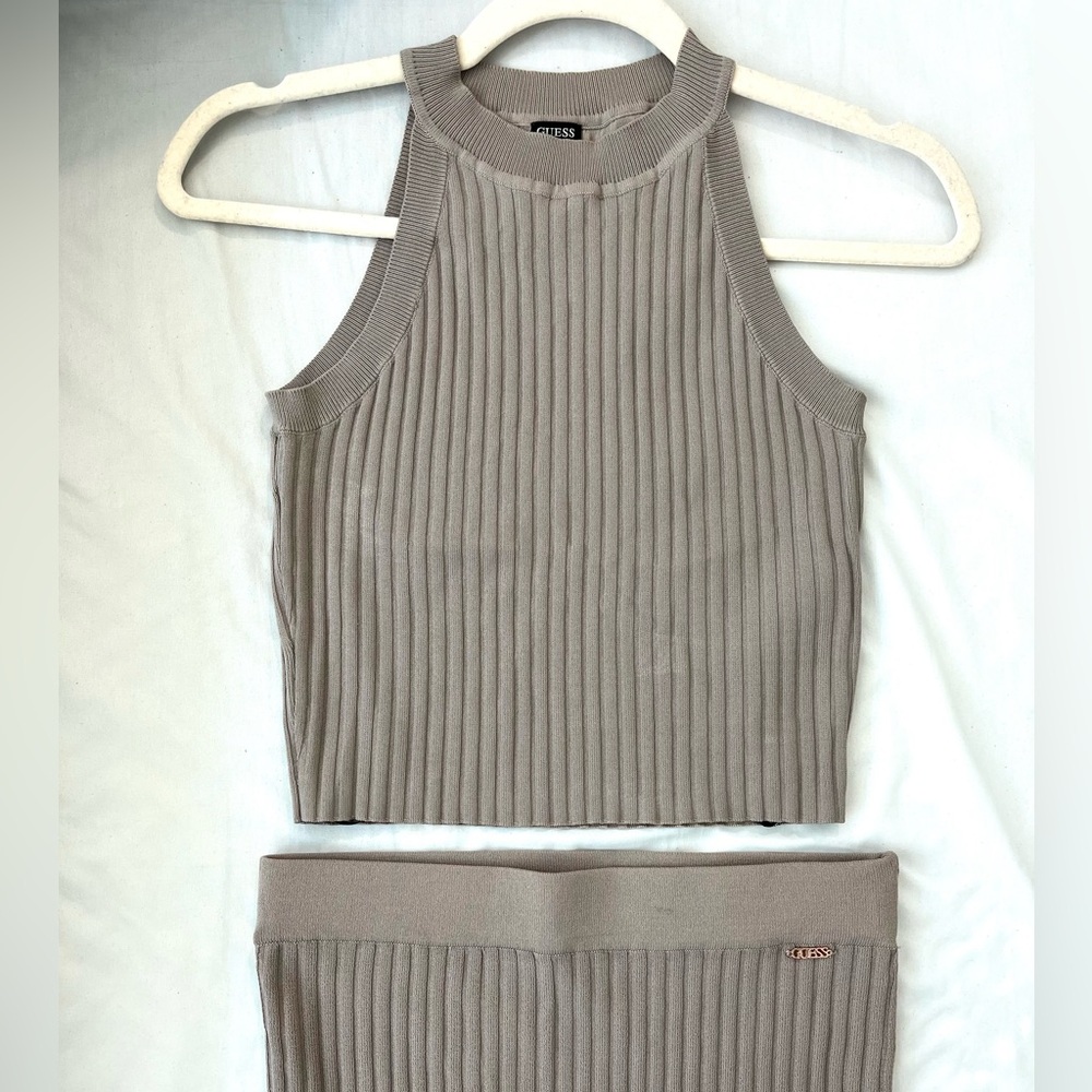 GUESS stretchy top and midi skirt set in taupe (like new, worn once)